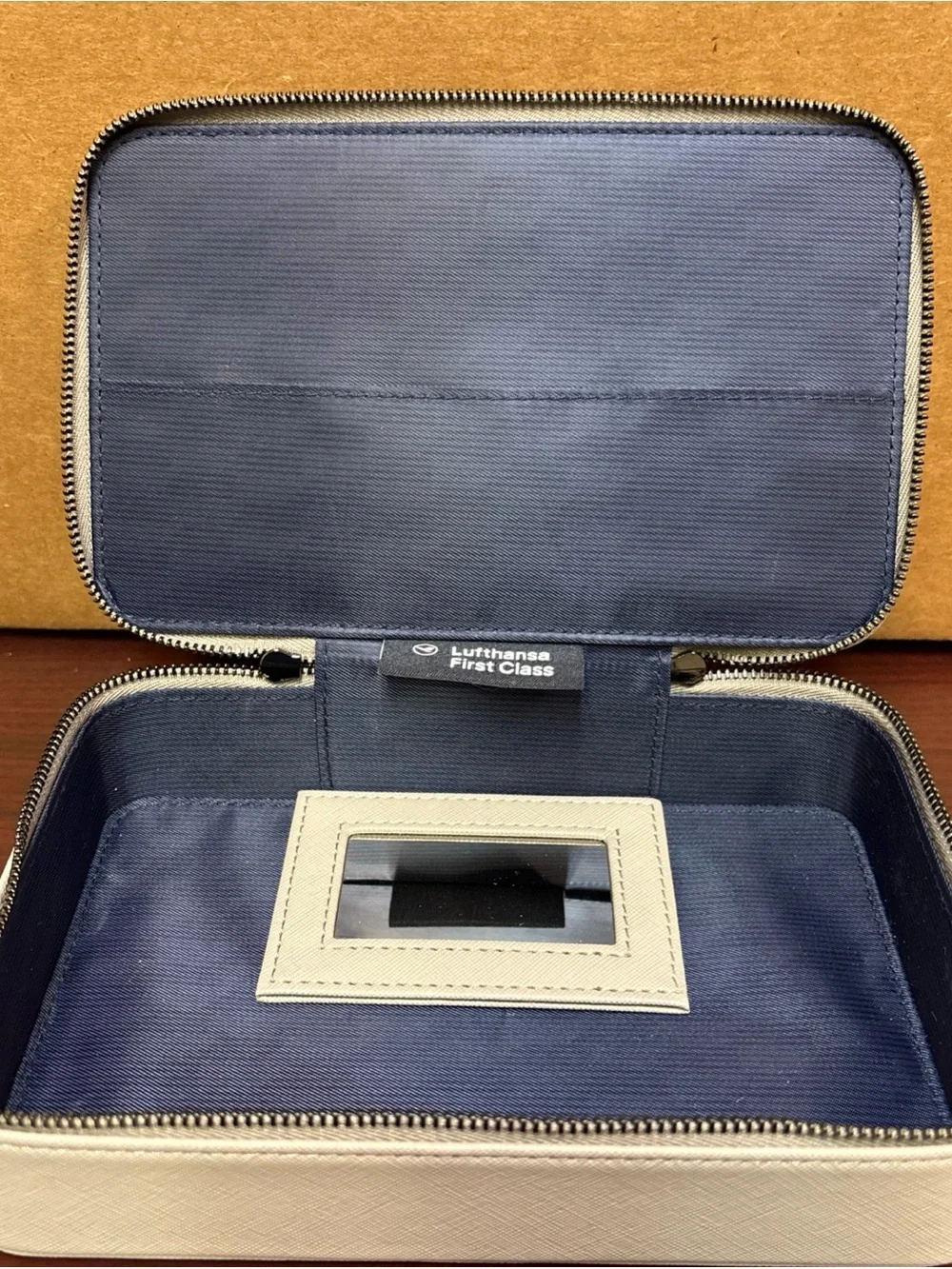 Lufthansa Airlines First Class Leather Amenity Kit Travel Case with Mirror Gray